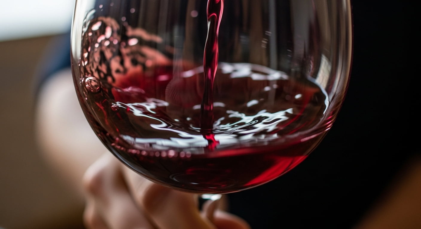 グラスに注がれるジョージアの赤ワイン。深みのあるルビー