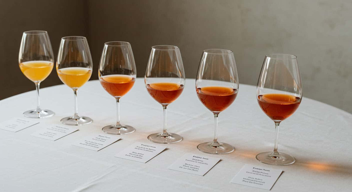 ジョージアのオレンジワインを5種飲み比べる様子