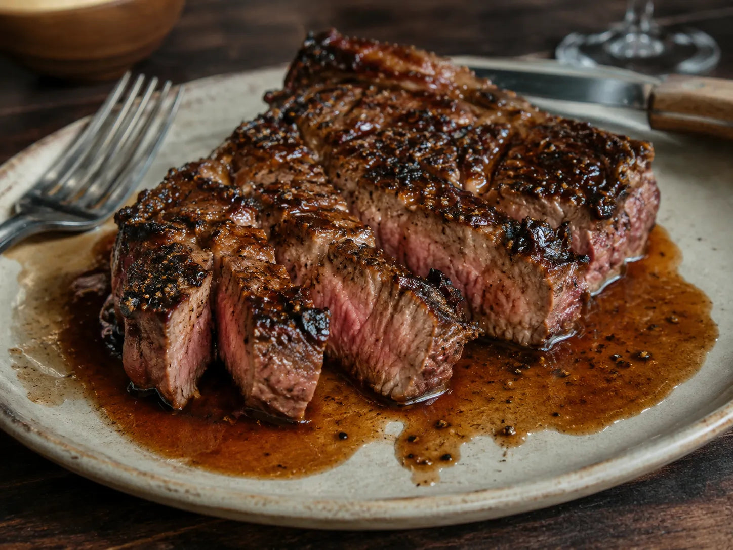 ワインとのペアリングに合う牛ステーキのスライス、肉汁と粗挽き胡椒