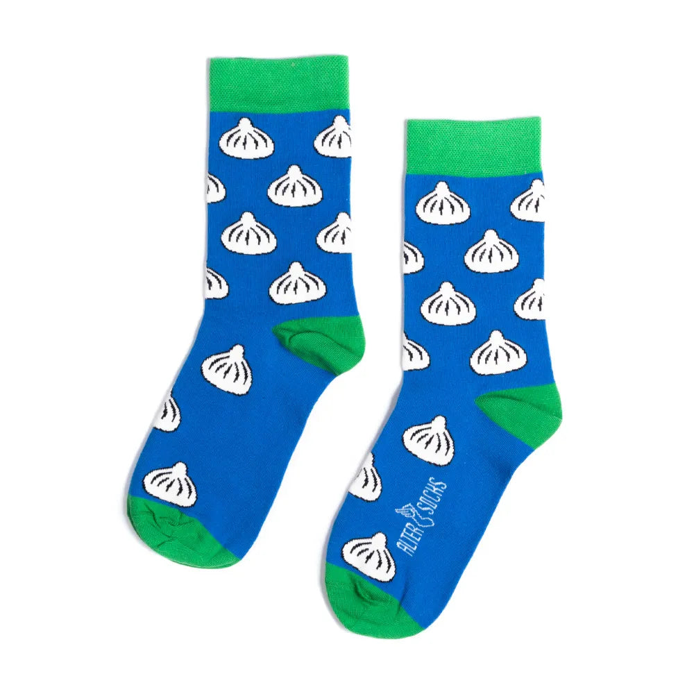 ヒンカリ柄ソックスの青、グリーンの履き口とかかと。トビリシ発AlterSocks