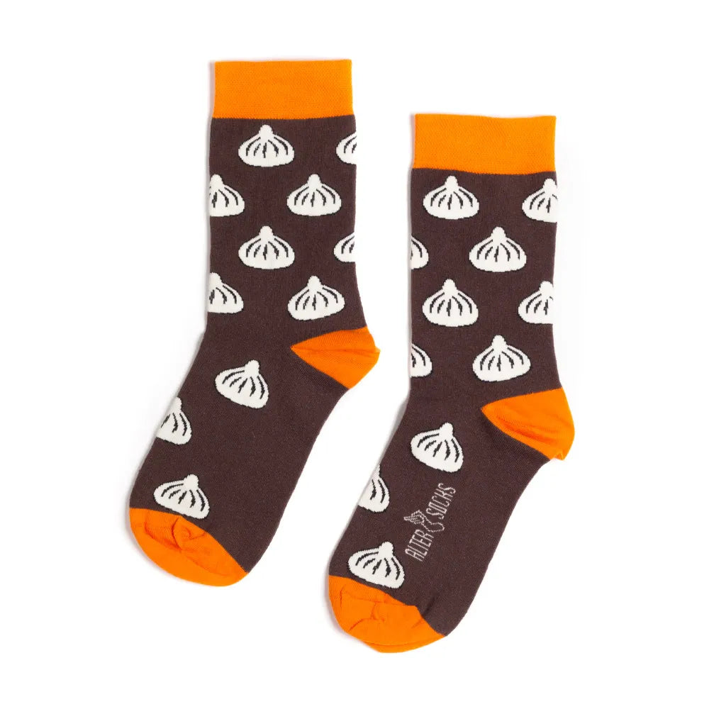 ヒンカリ柄ソックスのブラウン、オレンジの履き口。トビリシ発AlterSocks