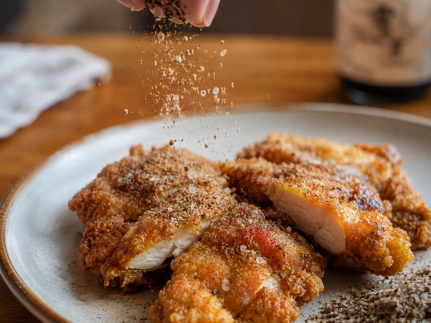 ワインとのペアリングにも合う揚げたてチキン、塩と胡椒を振りかける瞬間