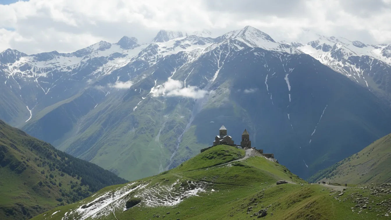 ジョージアのコーカサス山脈を一望する丘の教会とパノラマ写真