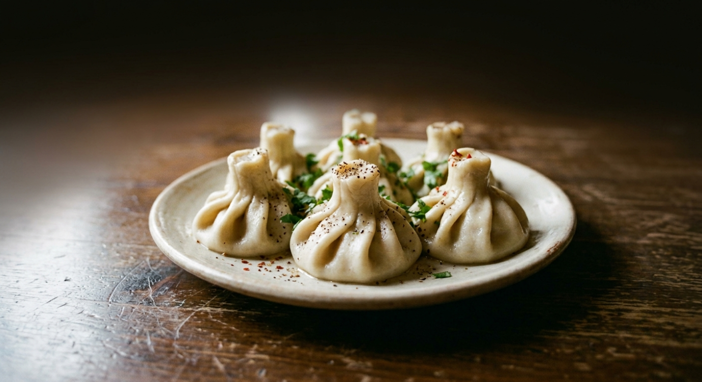 ジョージア料理ヒンカリとワインのペアリング、小籠包のような蒸し餃子の皿