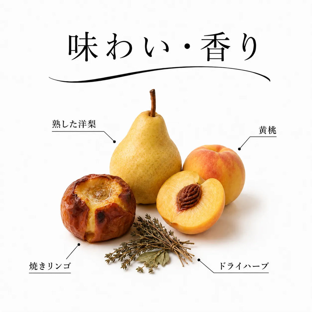ジョージアワインの味わいと香りを、熟した洋梨や黄桃、焼きリンゴとドライハーブで表した図解画像
