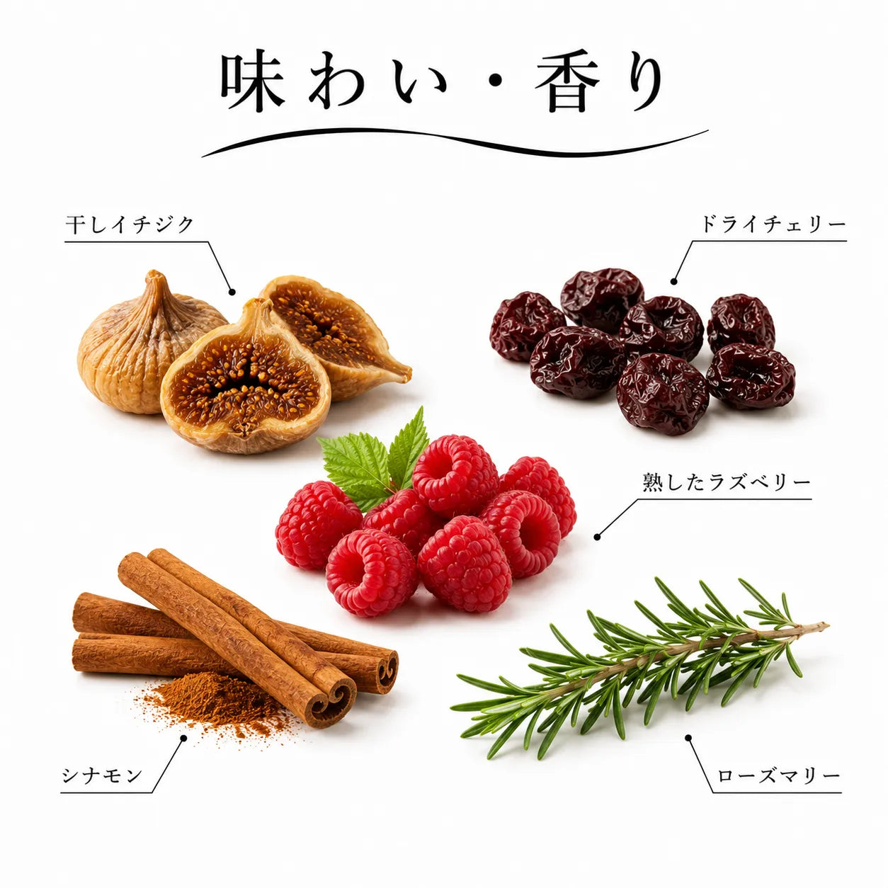 ジョージアワインの味わい・香り解説図。干しイチジクやドライチェリー、ラズベリー、シナモン