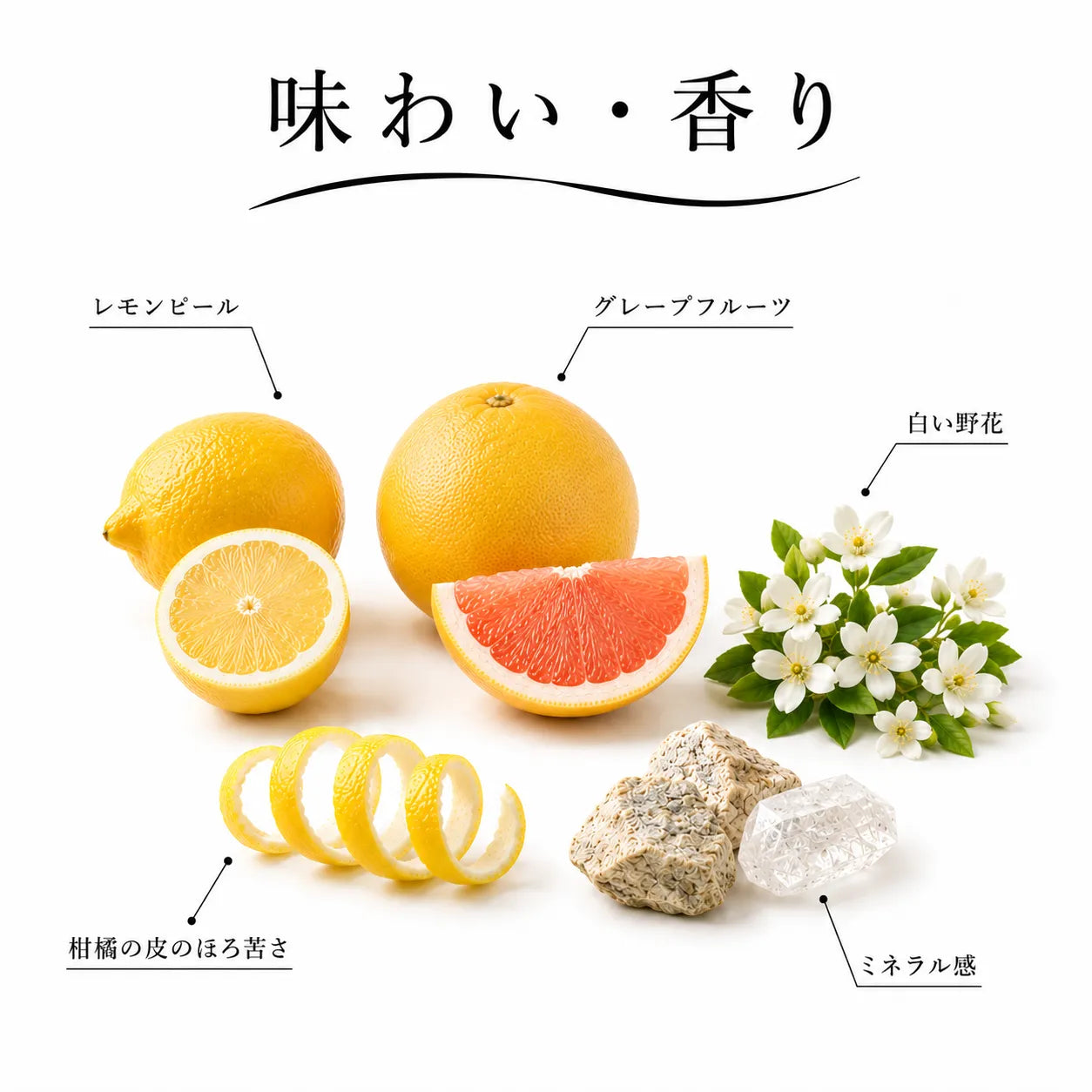 ジョージアワインの味わい・香り解説図。レモンピールやグレープフルーツ、白い野花