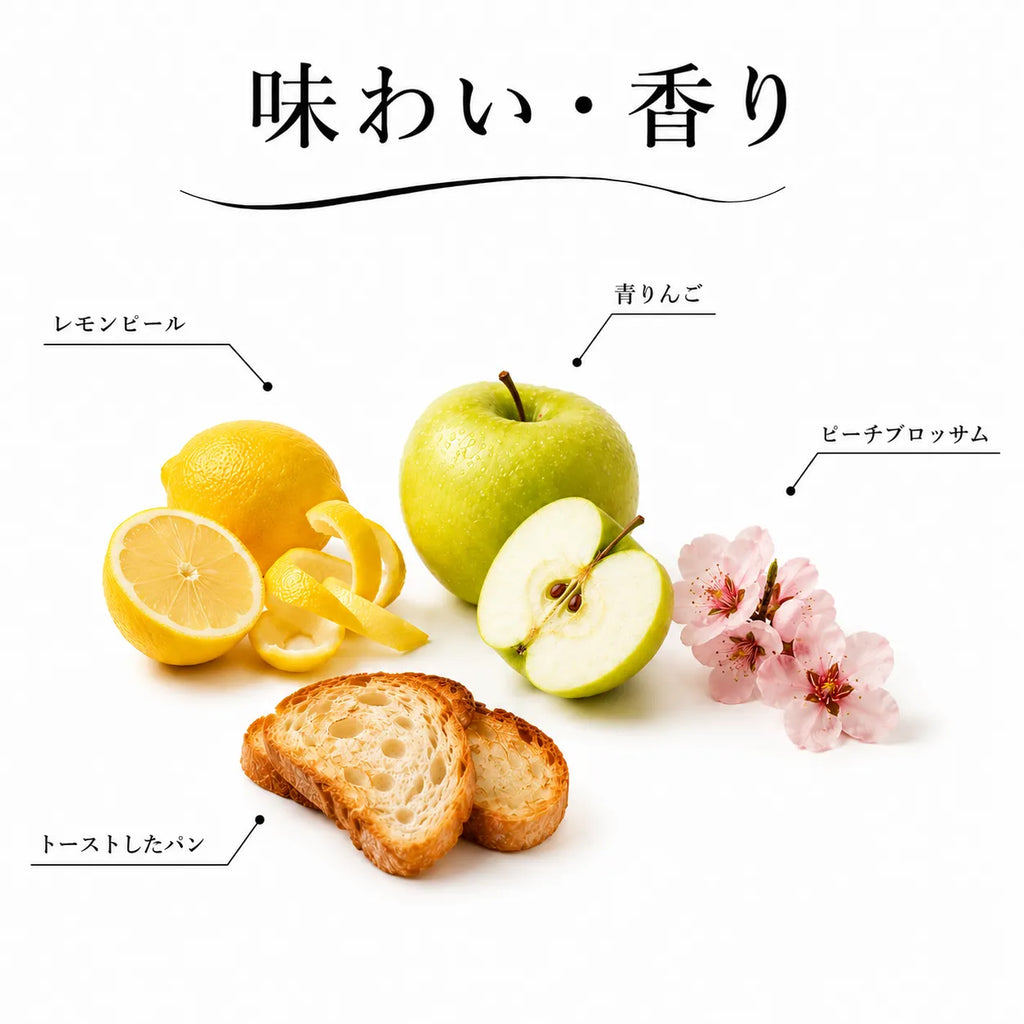 ジョージアワインの味わい・香り解説図。レモンピールや青りんご、ピーチブロッサム、トースト