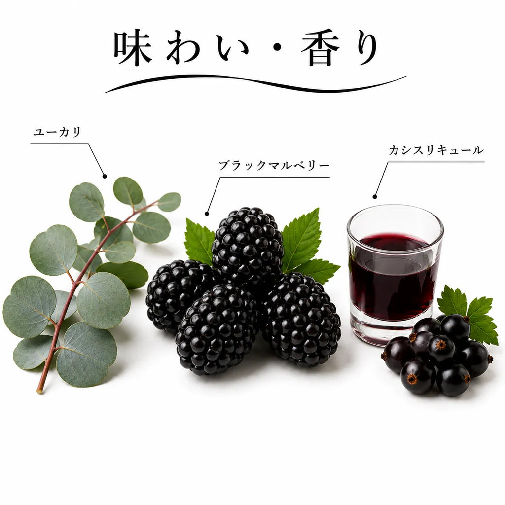 ジョージアワインの味わい・香り解説図。ブラックマルベリーやカシスリキュール、ユーカリ