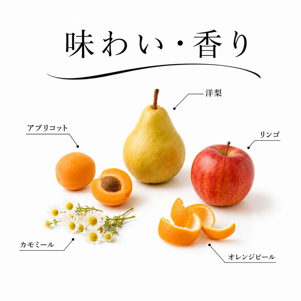 ジョージアワインの味わいと香りを、洋梨やアプリコット、リンゴとオレンジピールで表した図解画像