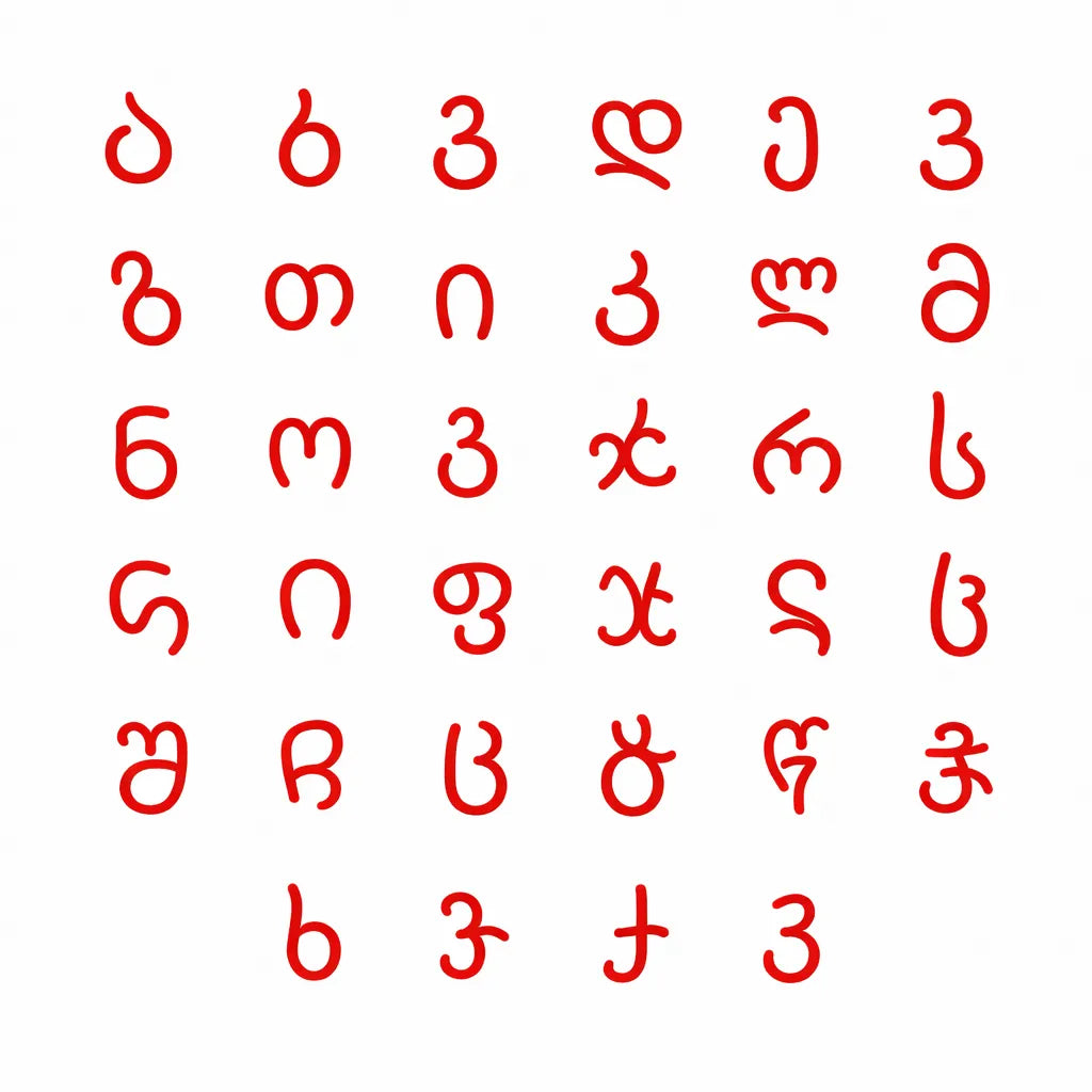 い背景に赤色のジョージア語のムヘドルリ文字のアルファベット一覧
