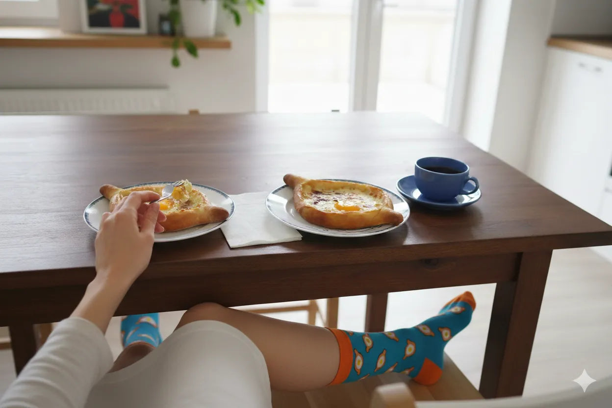 テーブルにハチャプリとコーヒーを置いたランチ。ジョージア料理のハチャプリ柄ソックスを着用。