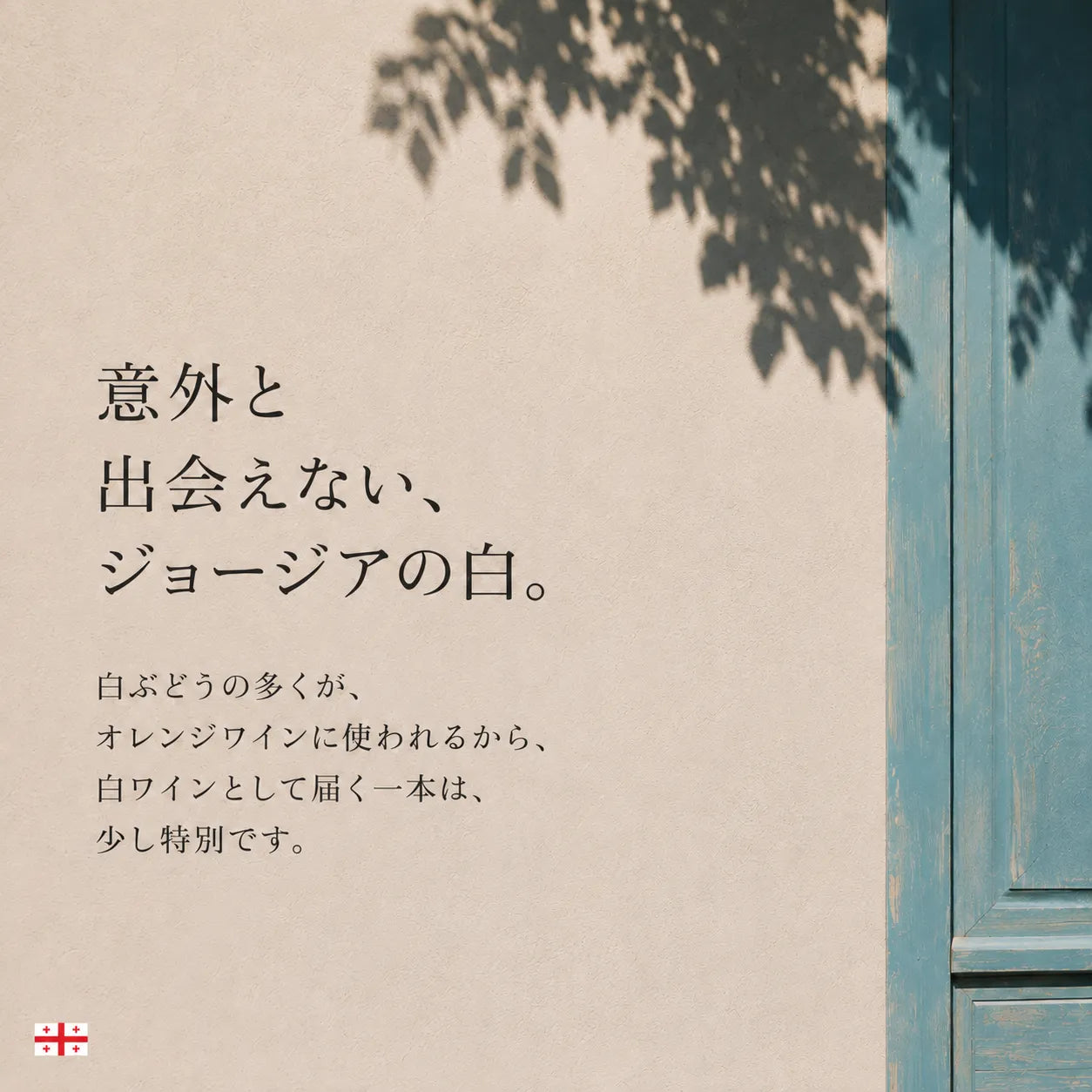 意外と出会えないジョージアの白ワインの特別さを伝える青いドアと木陰の壁