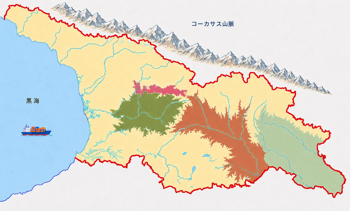 ジョージアワインの産地マップ、カヘティやイメレティなど4産地と黒海・コーカサス山脈