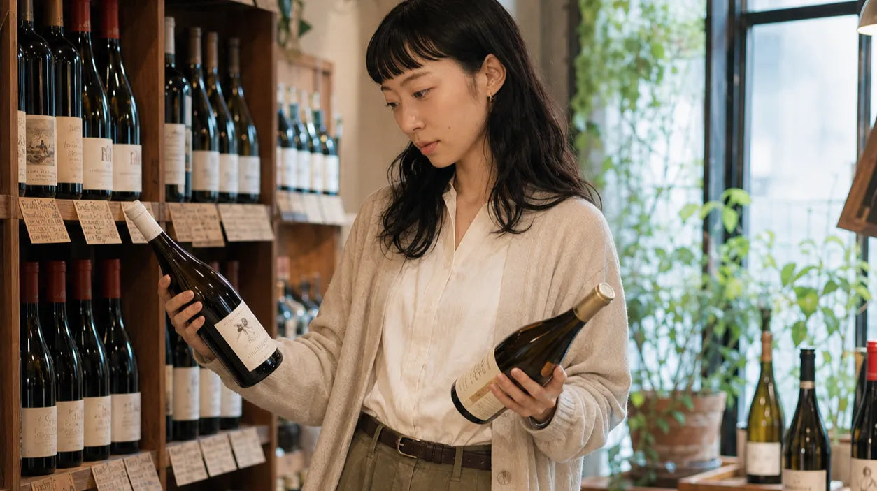 ワインショップの棚の前で白ワインと琥珀色のワインの2本を手に取って見比べる女性