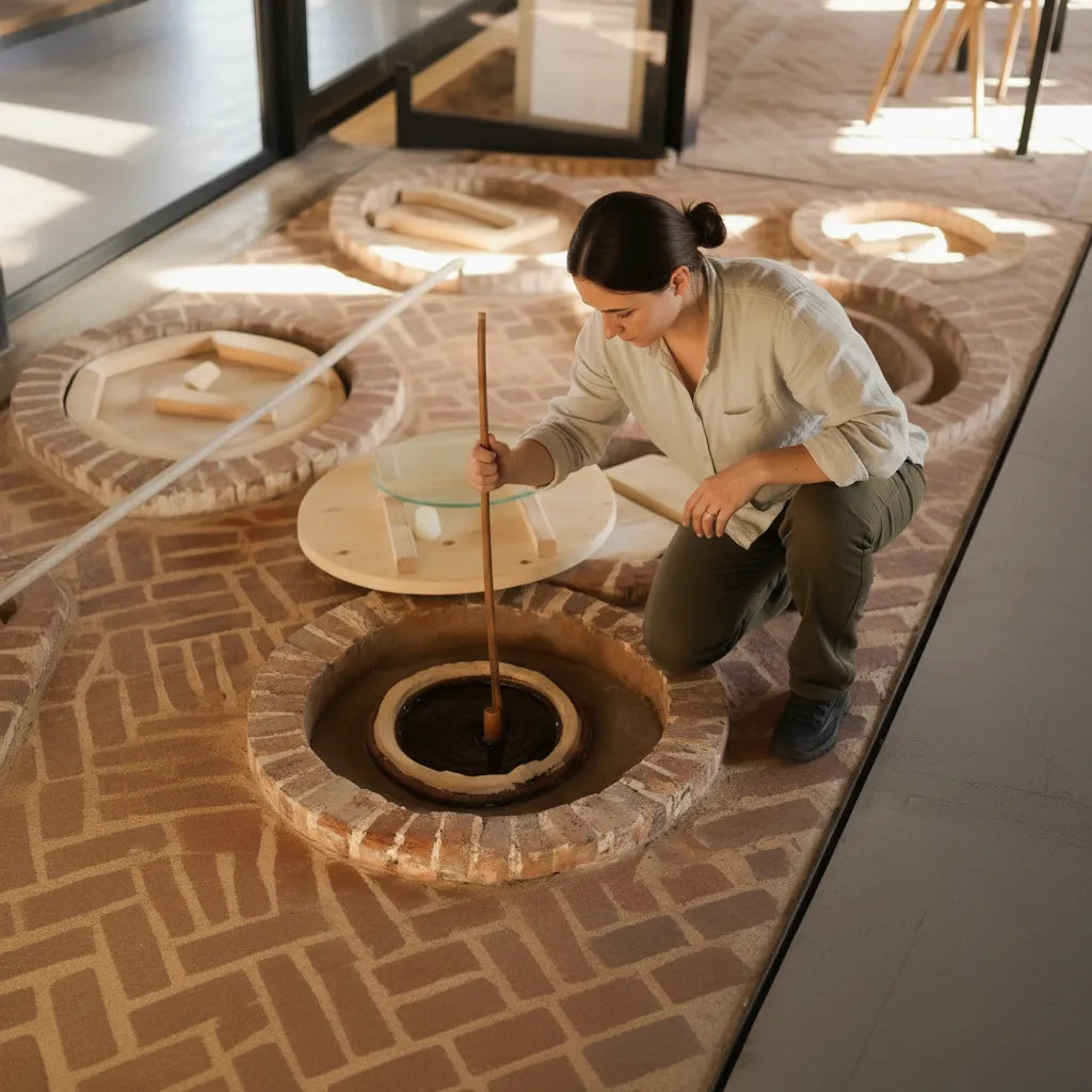 イメレティ伝統製法「チュリ（クヴェヴリ）」で発酵管理するワイナリーの作業風景