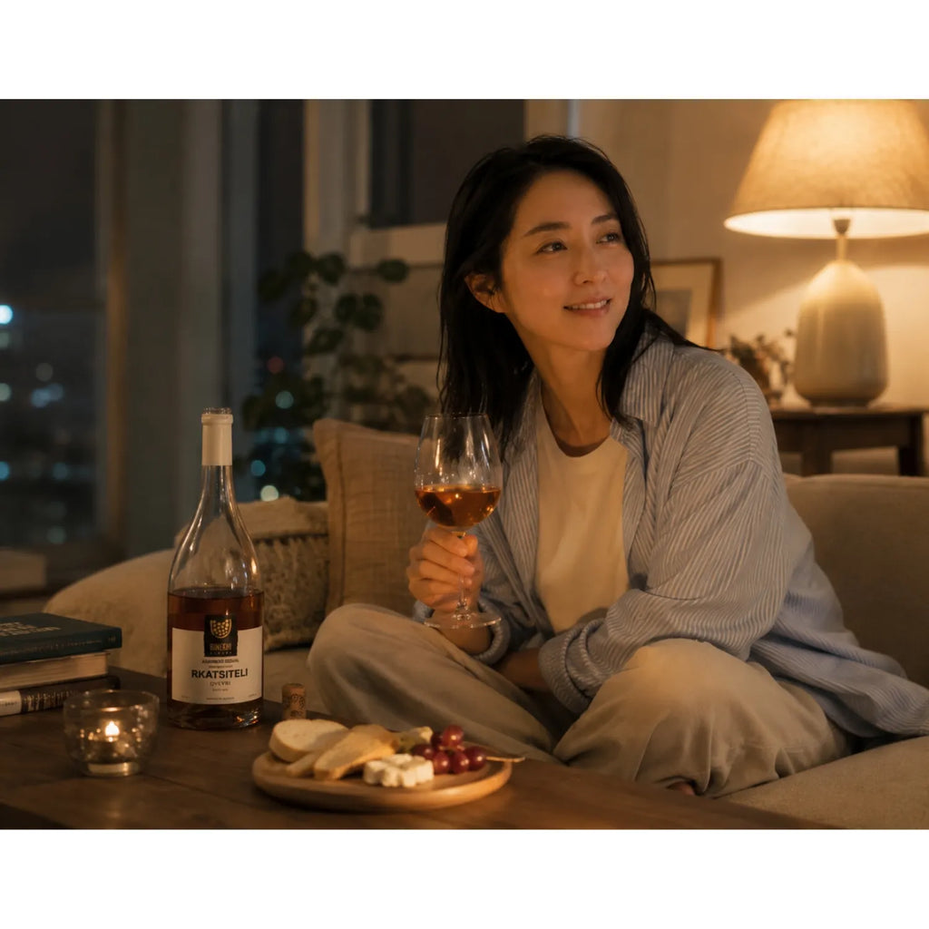 間接照明が灯る落ち着いた夜の部屋のソファーで、オレンジワインのグラスを持つ女性。テーブルの上にはビネヒのワインボトル、ローソク、クラッカーやぶどう、チーズが盛られたプレートがある