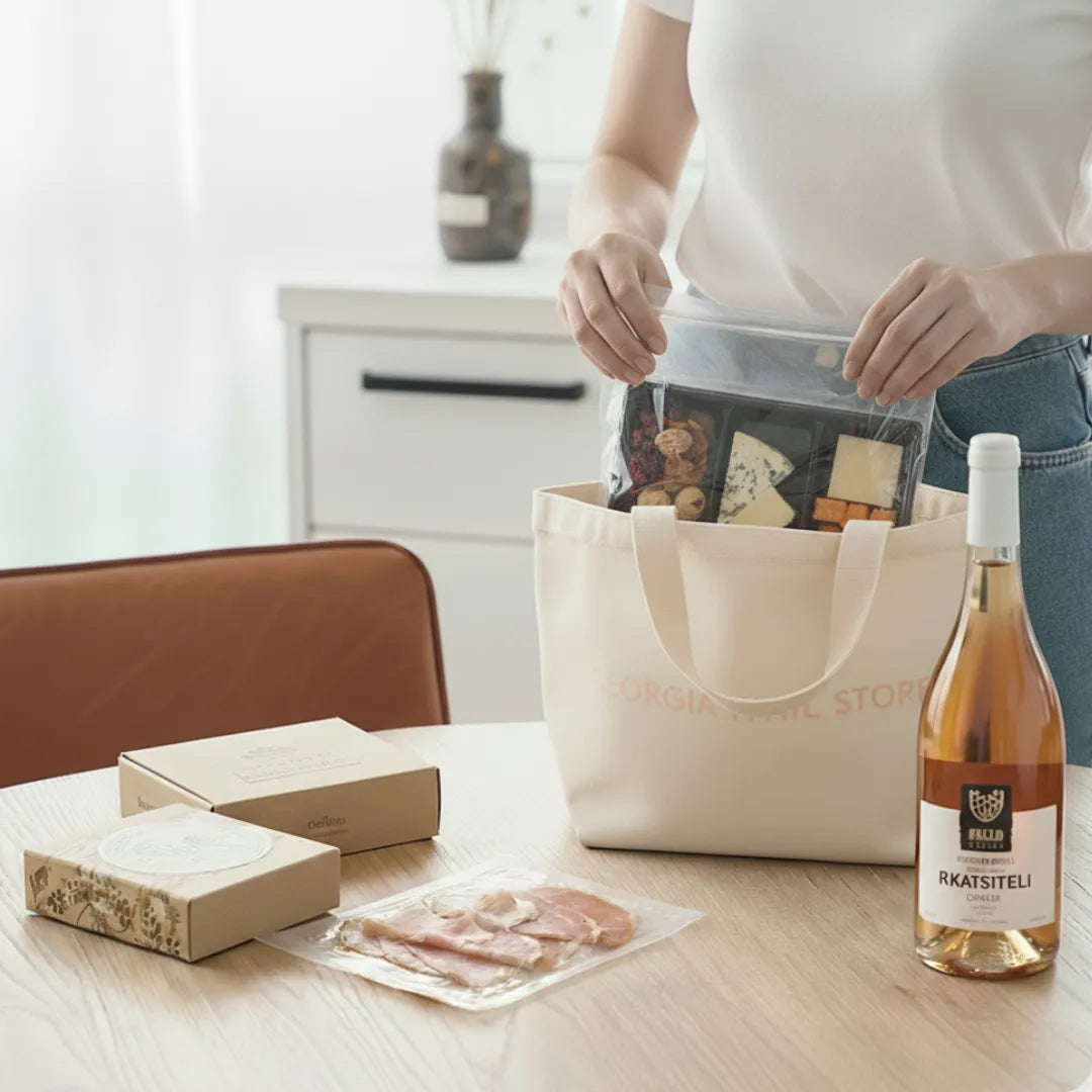 ジョージアのオレンジワインとバッグからお土産を出す様子