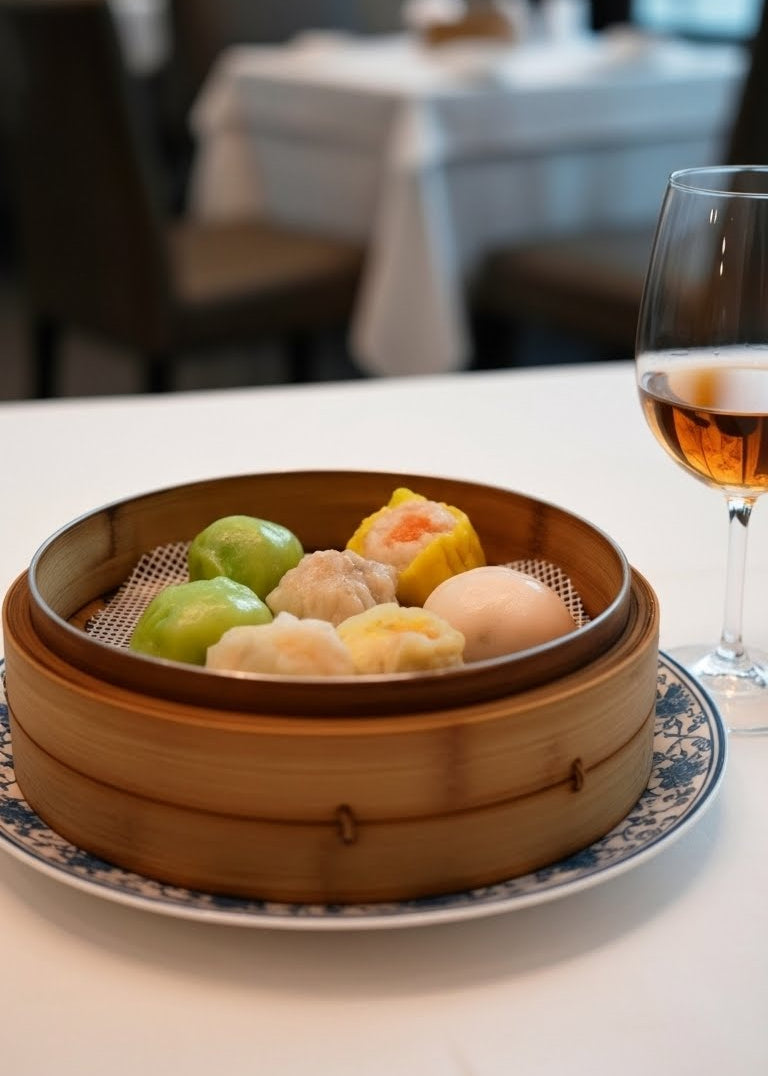 中華料理店で点心と合うオレンジワインをペアリングする様子
