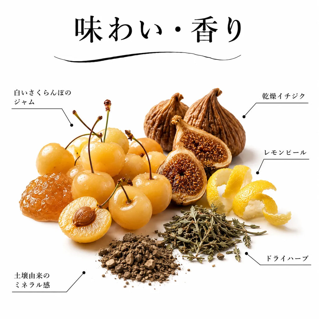 白いさくらんぼのジャムや乾燥イチジク、レモンピールと土壌由来のミネラル感を感じるワインの味わい解説画像