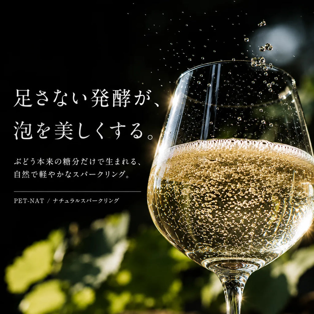足さない発酵が泡を美しくするというペットナットの解説。黒背景に輝くグラスの泡