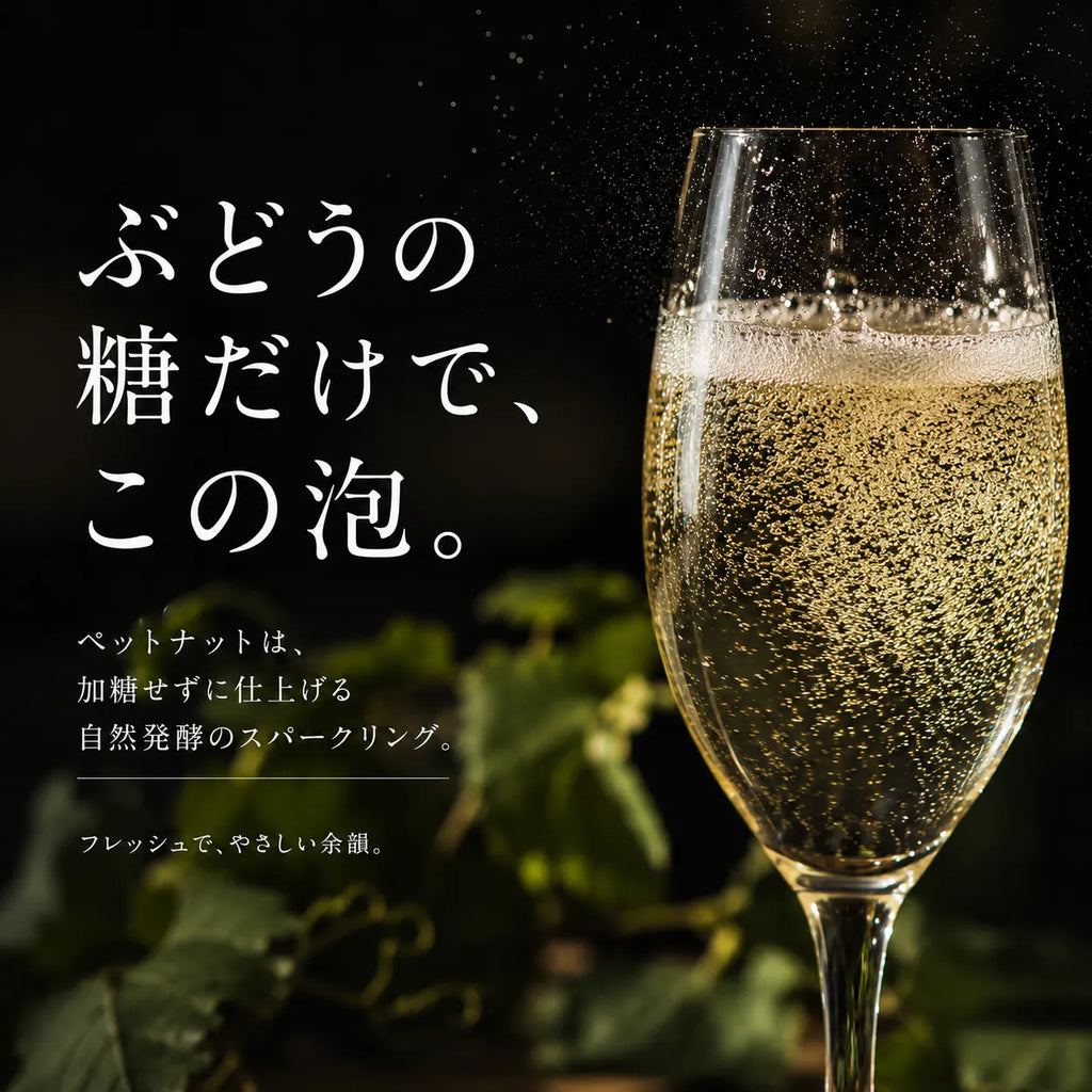 ペットナットはぶどうの糖だけで泡を生む解説。暗い背景に輝くスパークリングのグラス