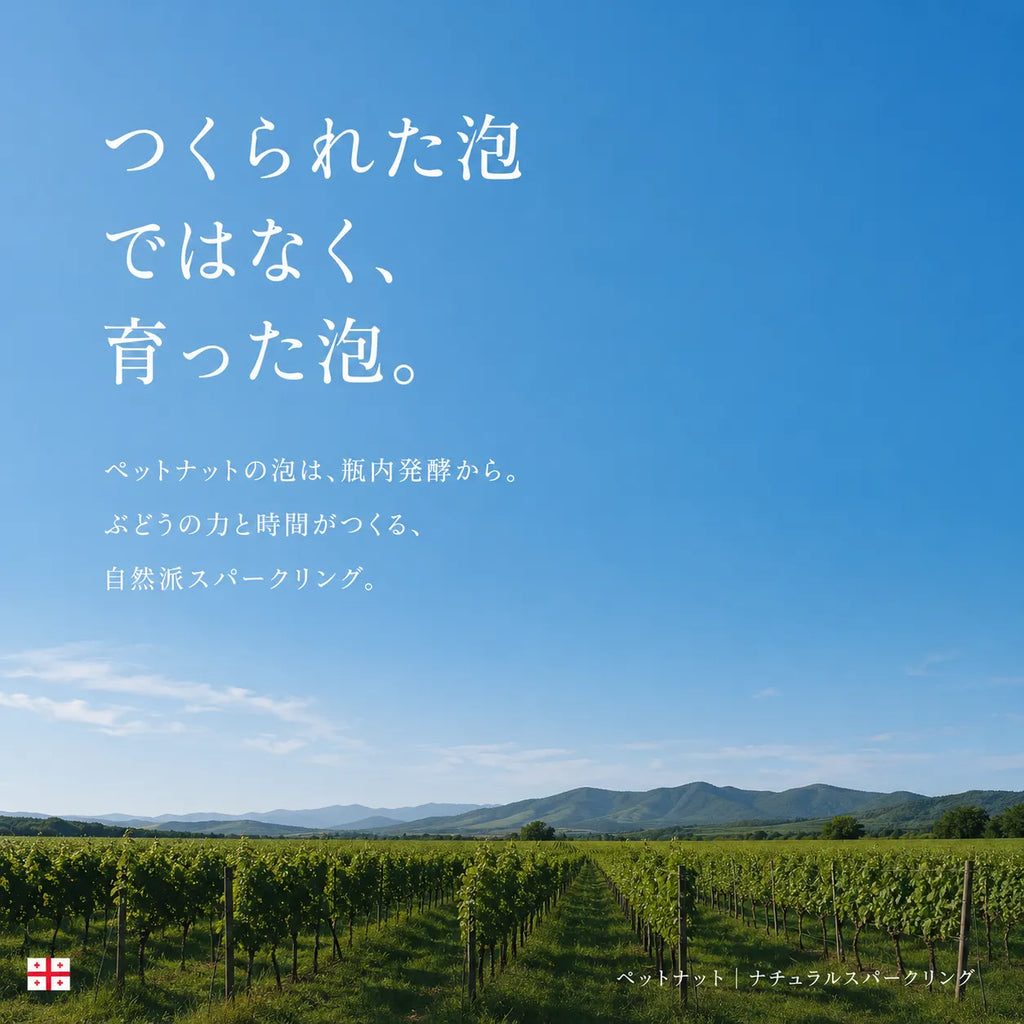 ペットナットの泡は瓶内発酵で育つという解説。青空の下に広がる緑のブドウ畑