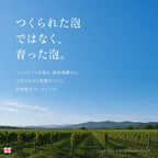 ペットナットの泡は瓶内発酵で育つという解説。青空の下に広がる緑のブドウ畑