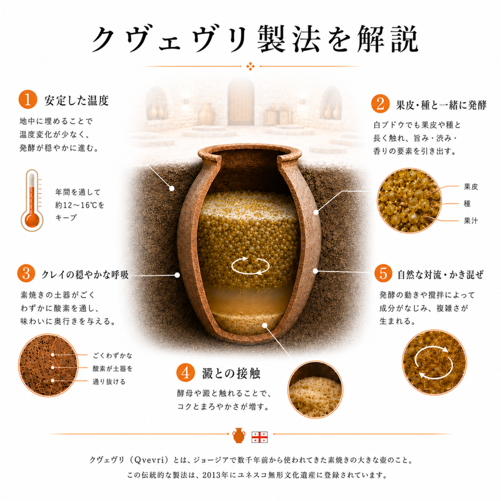 クヴェヴリ製法を解説した図解。地中の壺の断面と発酵の仕組みを5つのポイントで紹介する画像
