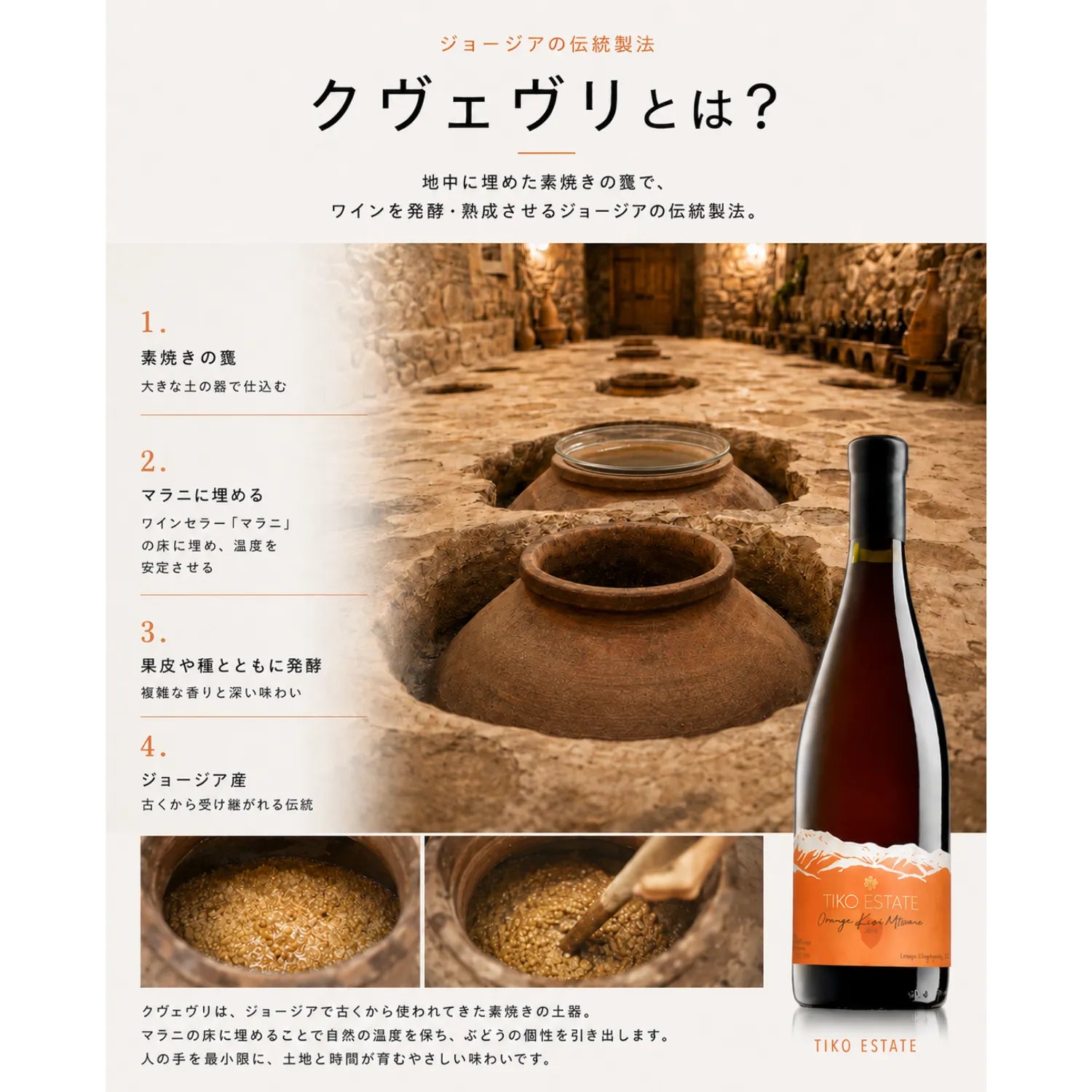 クヴェヴリ製法とは何かを図解するポスター、地中に埋めた素焼きの甕とマラニの写真
