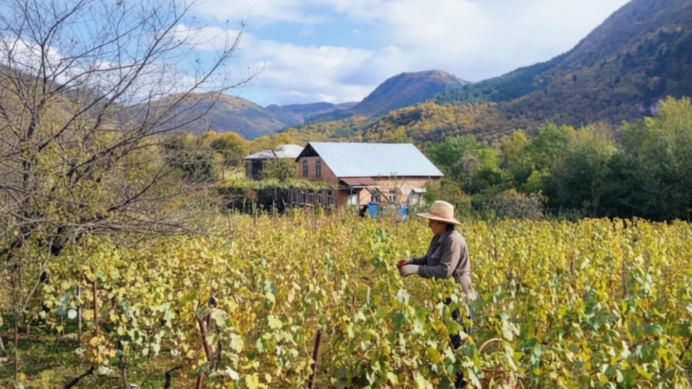 ラチャ地方の山岳地帯に広がるブドウ畑と農家の風景