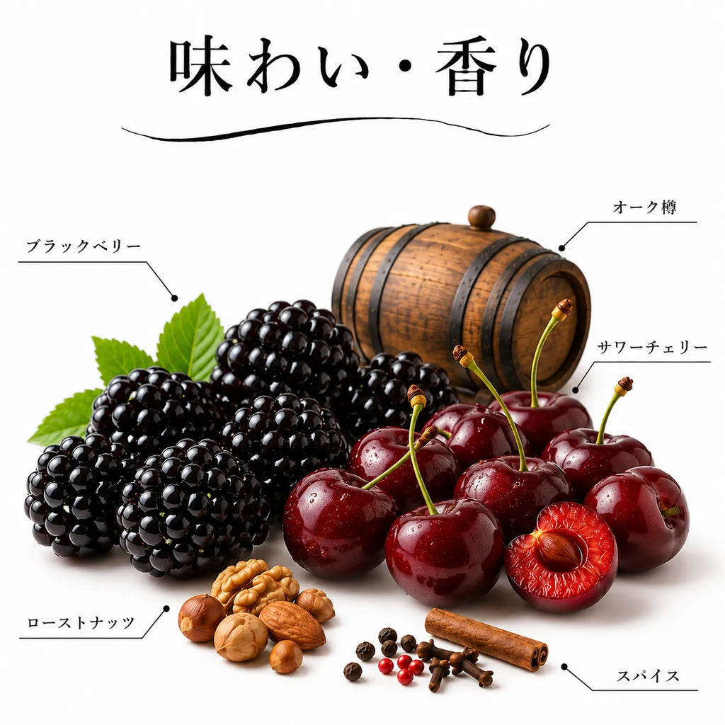 ブラックベリーやサワーチェリー、ローストナッツとスパイスを感じる赤ワインの味わい解説画像