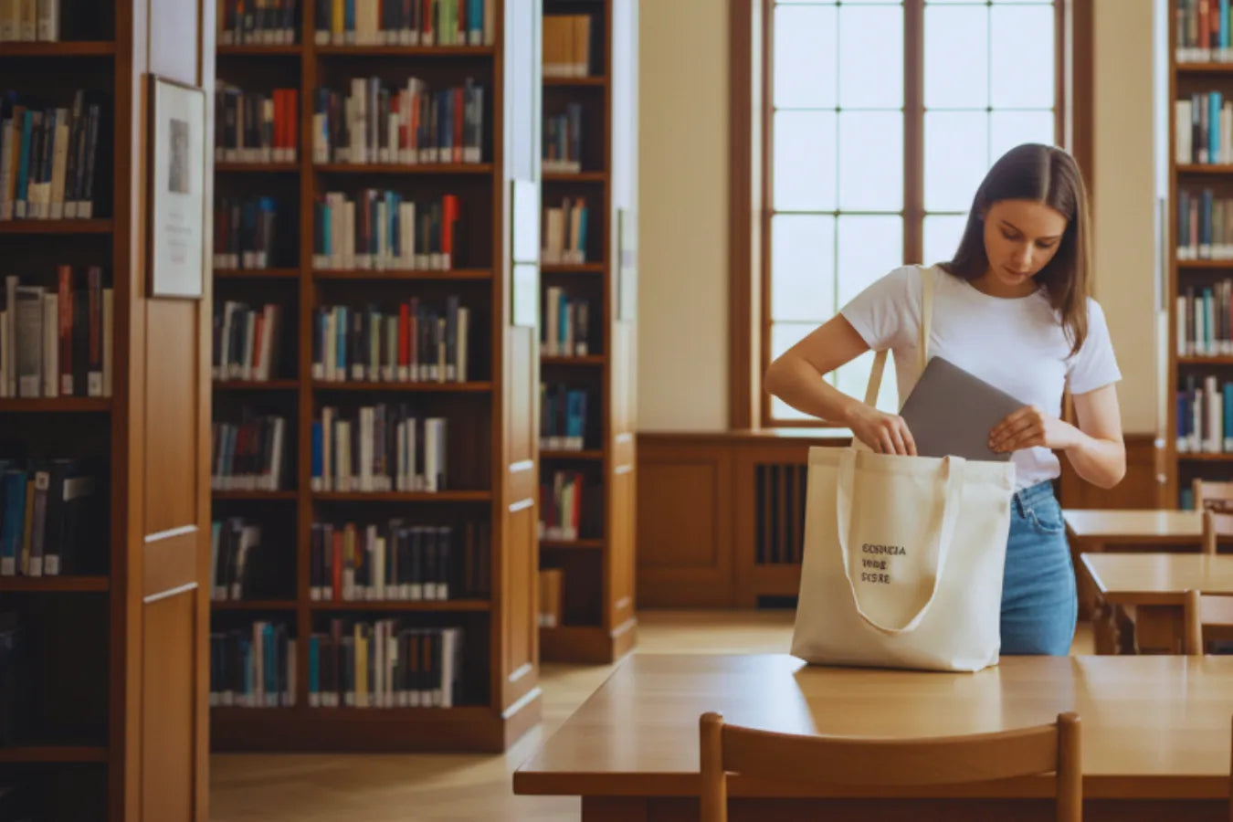 ジョージアワインストアのトートバッグからMacbookを取り出す様子