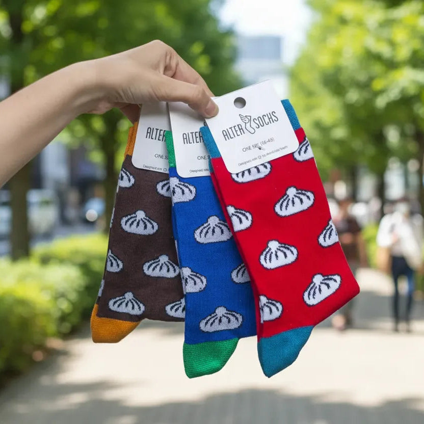 東京の並木道で、ジョージア料理のヒンカリ柄ソックス3色の商品カット。