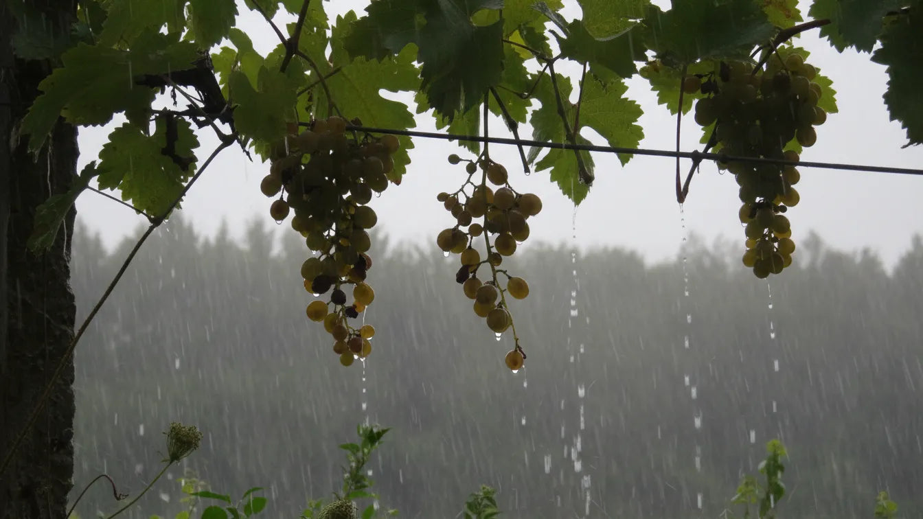 雨に濡れるブドウ房でイメレティの気候とツォリコウリの厚い果皮を表現