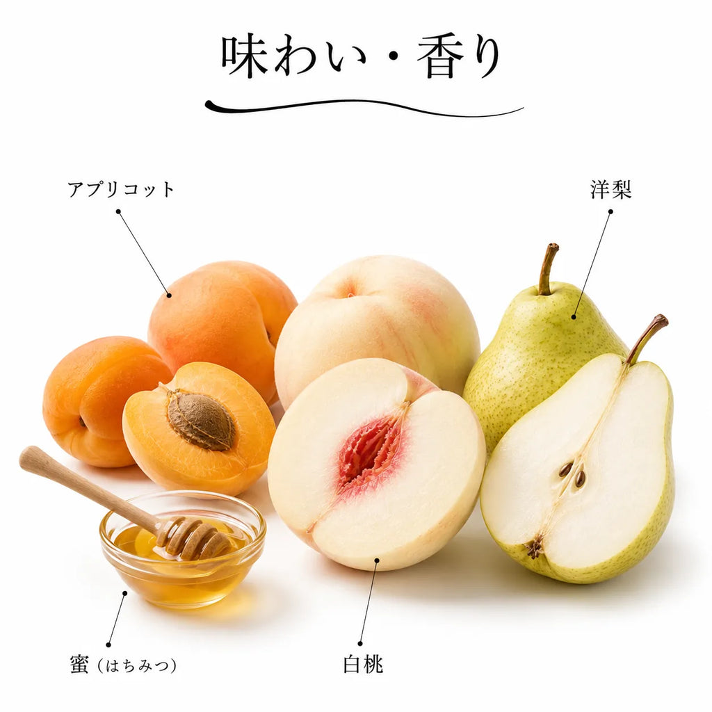 白ワインの味わい・香り解説図。アプリコットや白桃、洋梨、蜜のやわらかな甘い風味