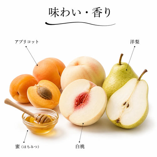 白ワインの味わい・香り解説図。アプリコットや白桃、洋梨、蜜のやわらかな甘い風味