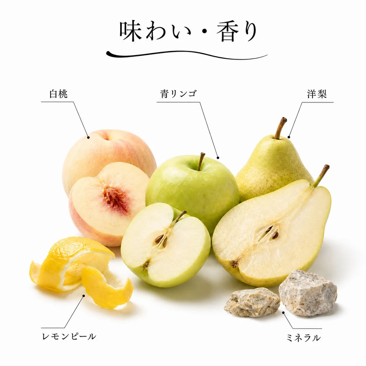 白ワインの味わい・香り解説図。白桃や青リンゴ、洋梨、レモンピール、ミネラルの風味