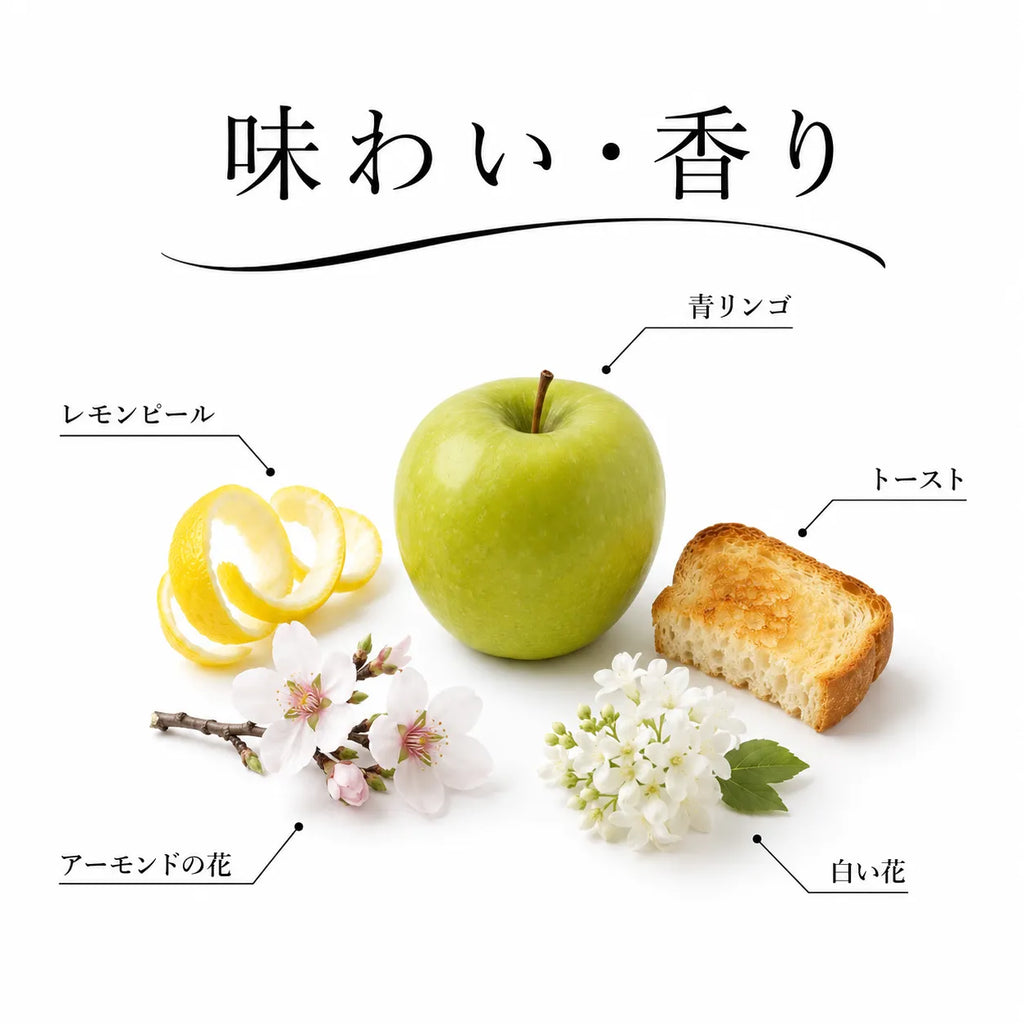 青リンゴやレモンピール、トーストと白い花を感じる白ワインの味わいと香りの解説画像