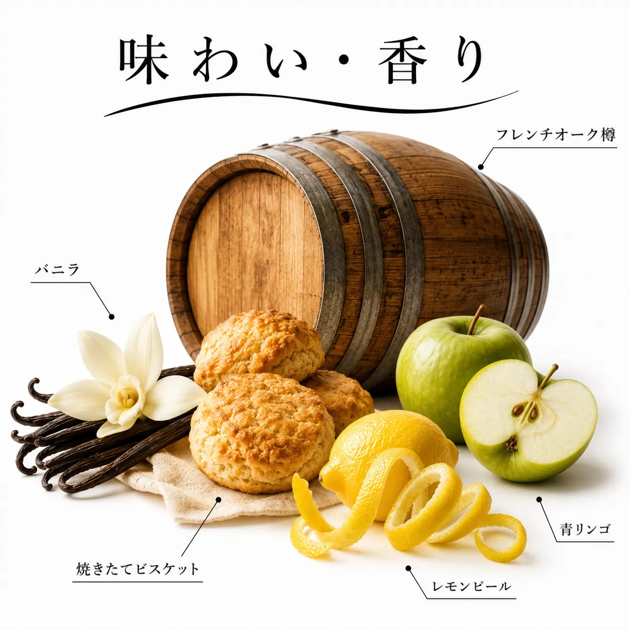 バニラや焼きたてビスケット、青リンゴとフレンチオーク樽を感じる白ワインの味わい解説画像
