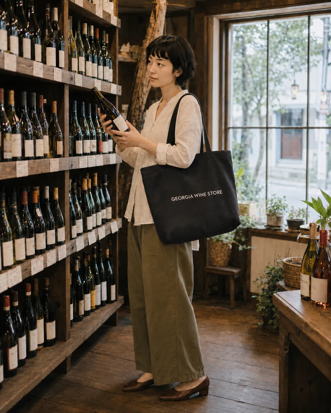 ギフトのワインのラベルを確かめる女性、ブラックのトートバッグで窓辺の店内