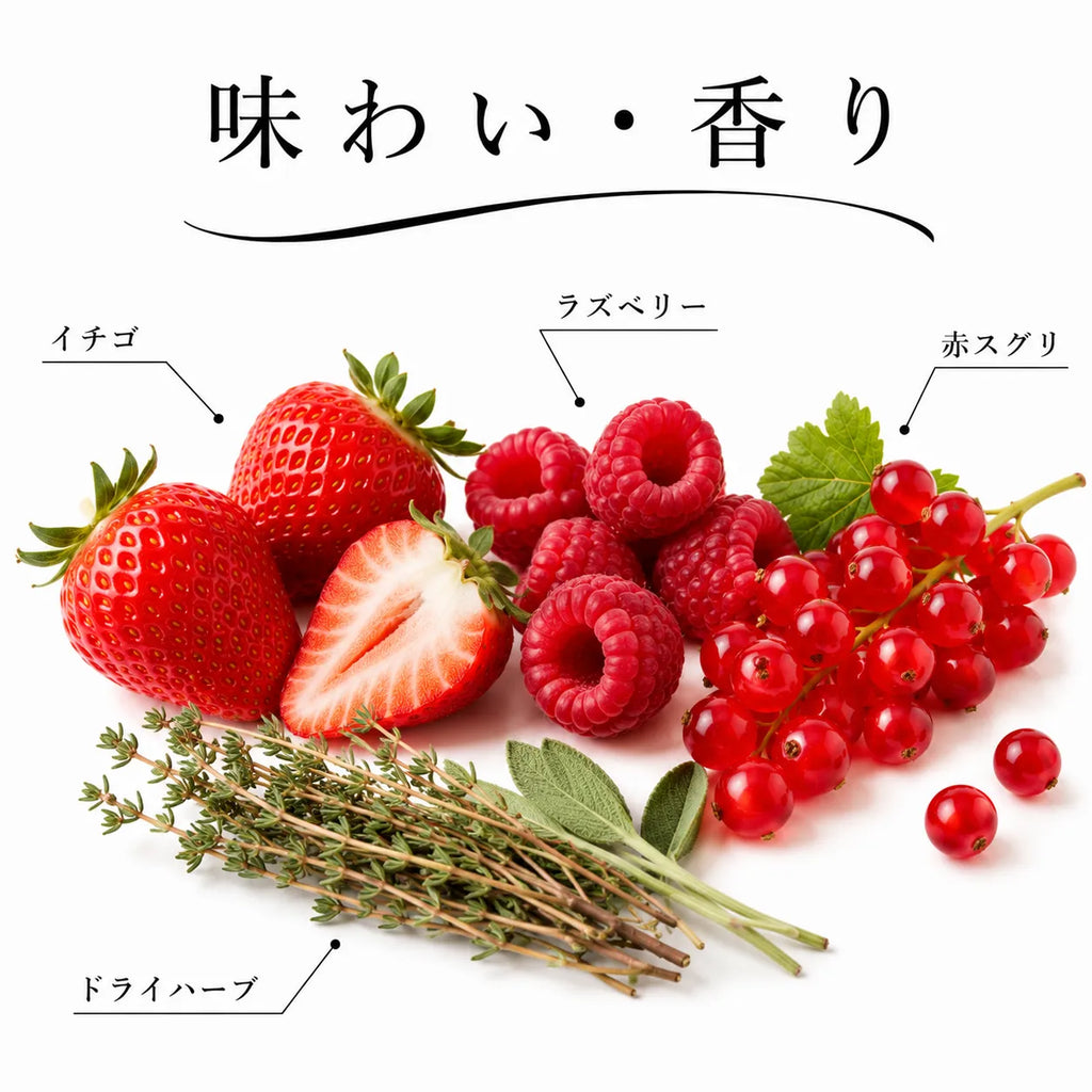 イチゴやラズベリー、赤スグリとドライハーブを感じるワインの味わいと香りの解説画像
