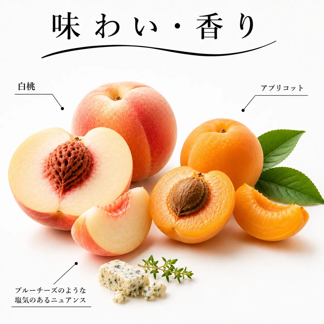 白桃とアプリコット、ブルーチーズのような塩気を感じるワインの味わいと香りの解説画像