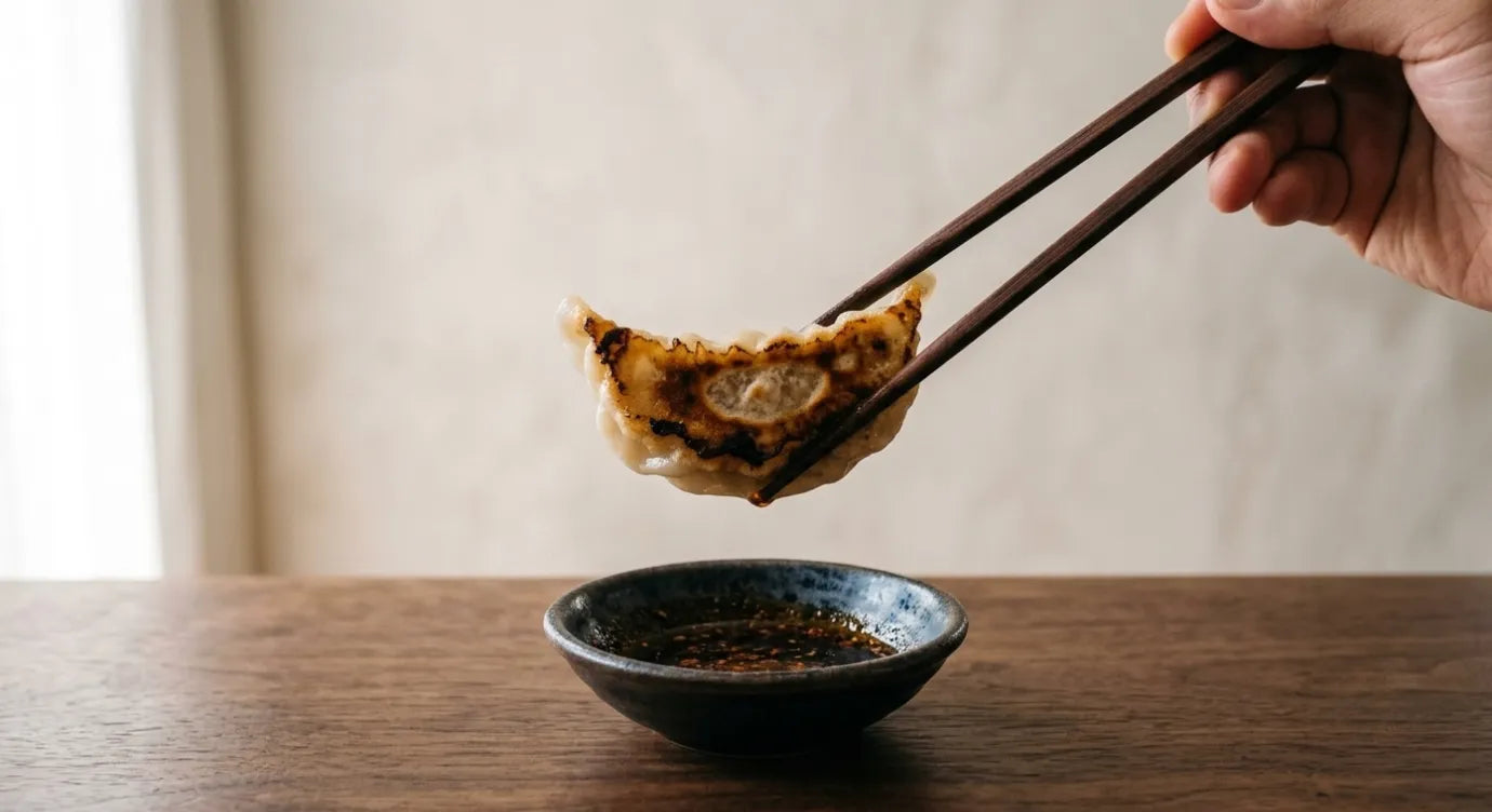 ワインとのペアリングに合う焼き餃子、箸で持ち上げタレにつける瞬間
